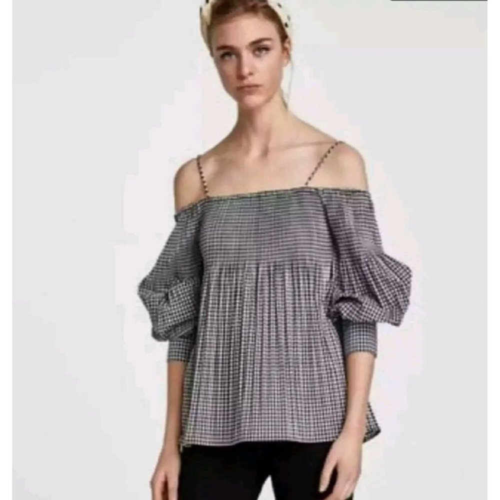 Zara Gingham Black White spaghetti Strap Pleated Top size Medium